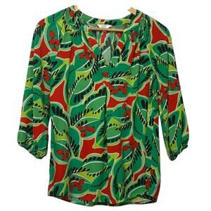Crown & Ivy Womens Rayon Blouse XS Green Whimsical Abstract Top Bright Retro Pop